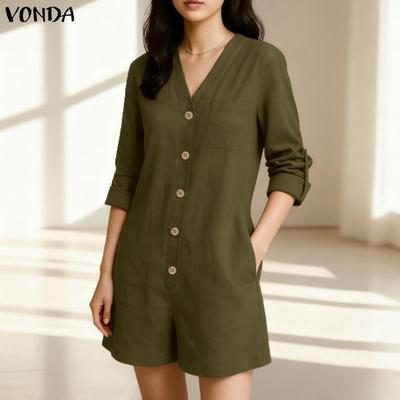 Vintage Women Casual V Neck Casual Loose Long Sleeve Buttons Shirt Dress