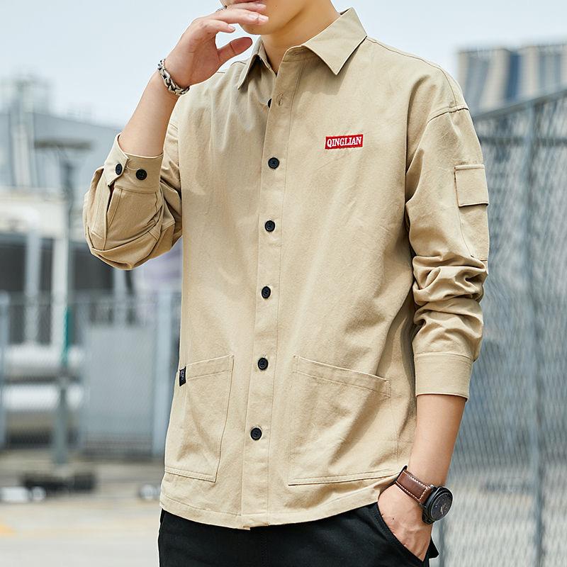 Spring Men's Japanese Trendy Brand Workwear Long-sleeved Washed Cotton Shirts for Teenagers, Students, and Older Children's Men's Clothing