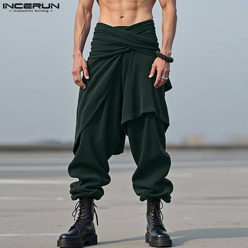 INCERUN Autumn Men Casual Elastic Waist Ruffled Irregular Corduroy Harem Pants Trousers
