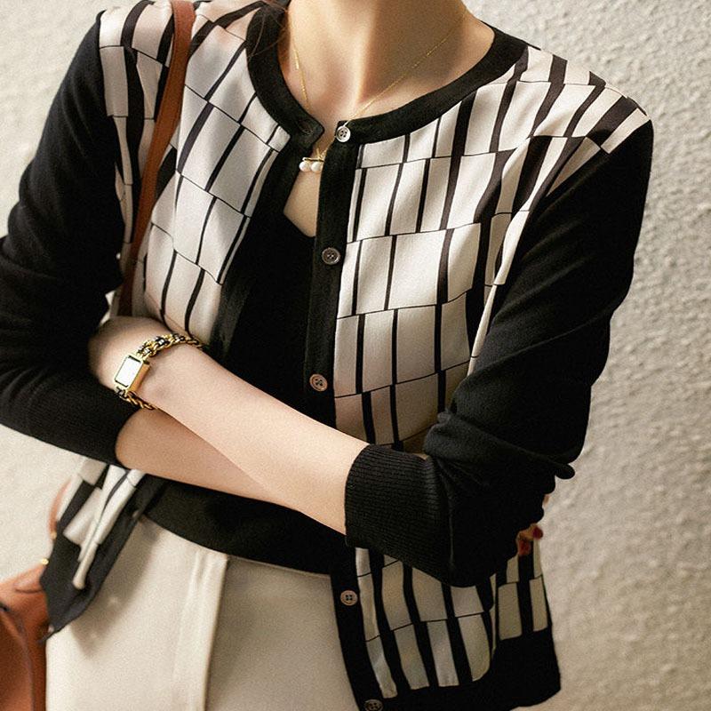 Black White Lattice O-Neck Spliced Cardigan Ice Silk Knitting Single Breasted Women's Clothing Office Lady Plaid Slim Sweaters