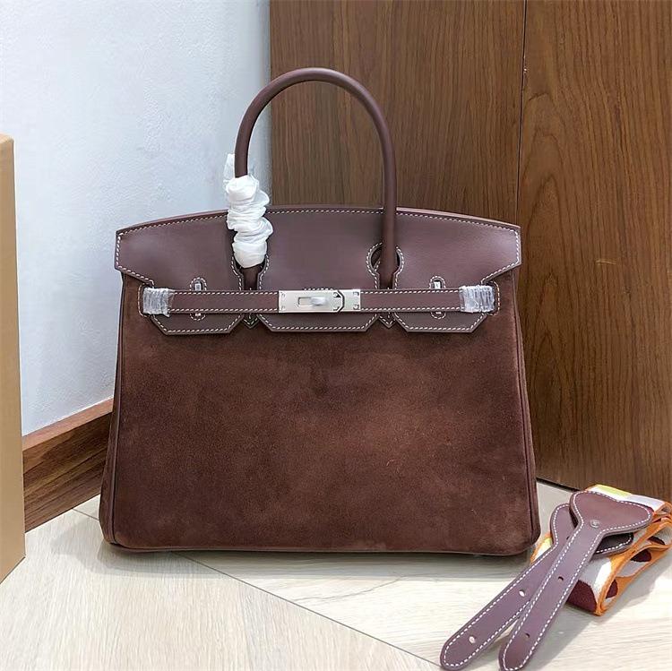 Retro hand-sewn, first layer swift cowhide suede BK25/30cm genuine leather handbag women's bag
