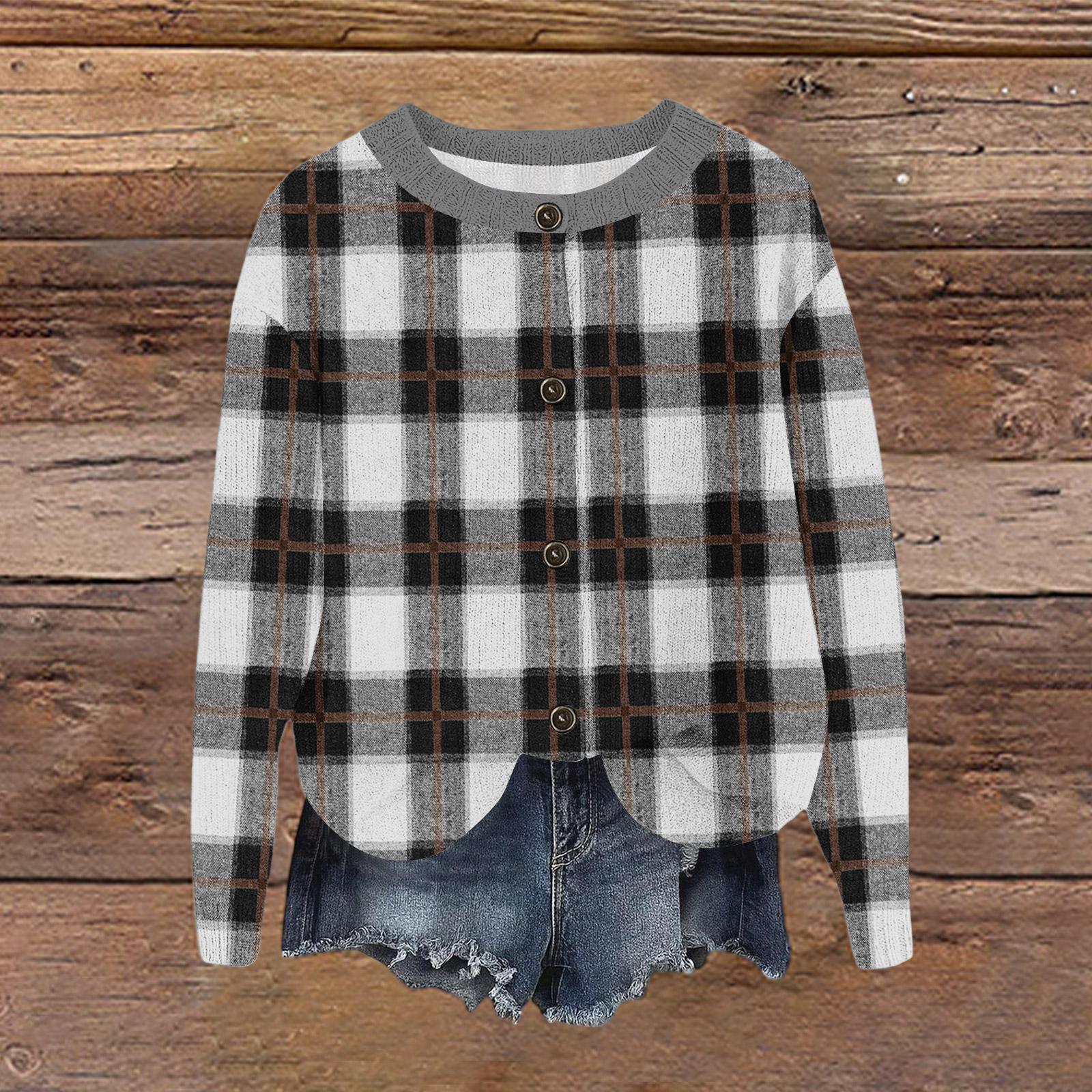 

Women s Fashion Printed Long Sleeve Loose Sweatshirt Top Fall Knit Button Cardigan Jacket L чёрный