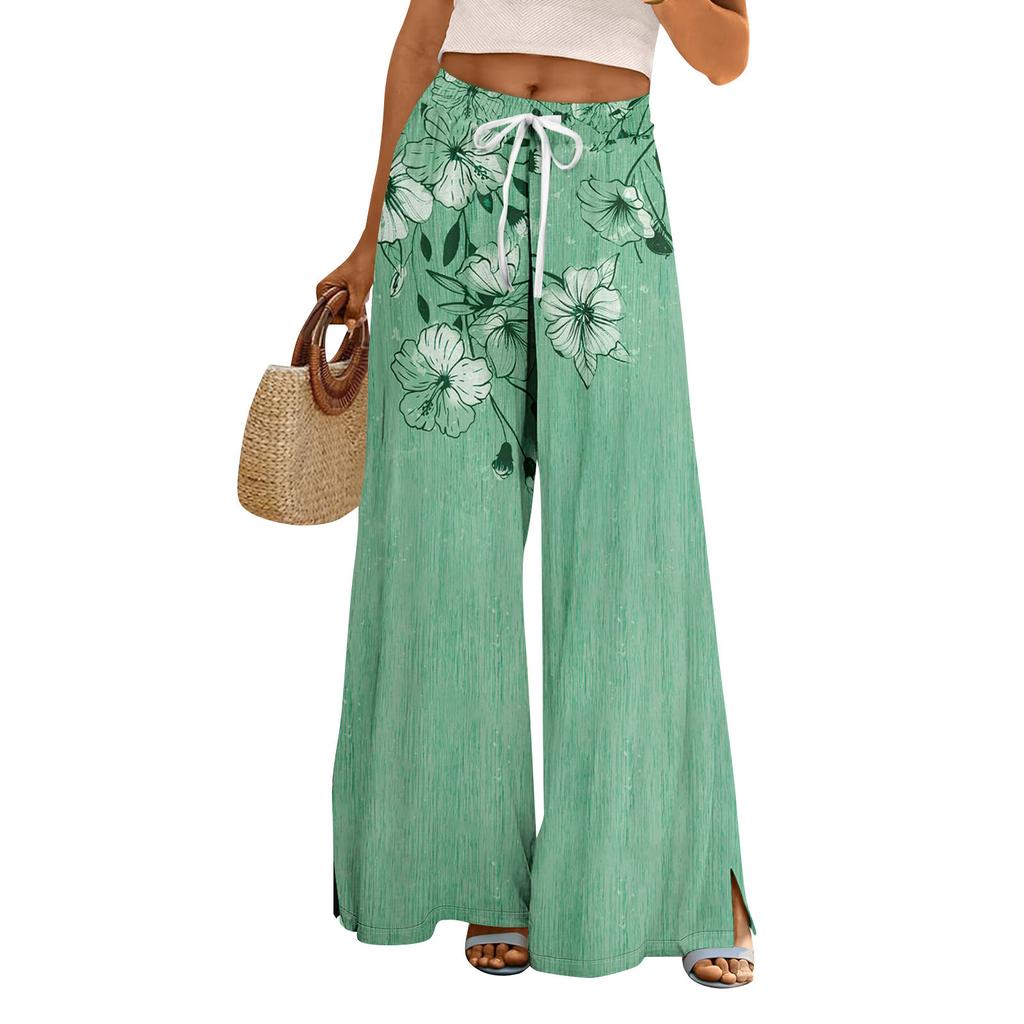 Women Summer Boho Palazzo Pants High Waist Wide Leg Floral Printing Casual Trousers With Pockets