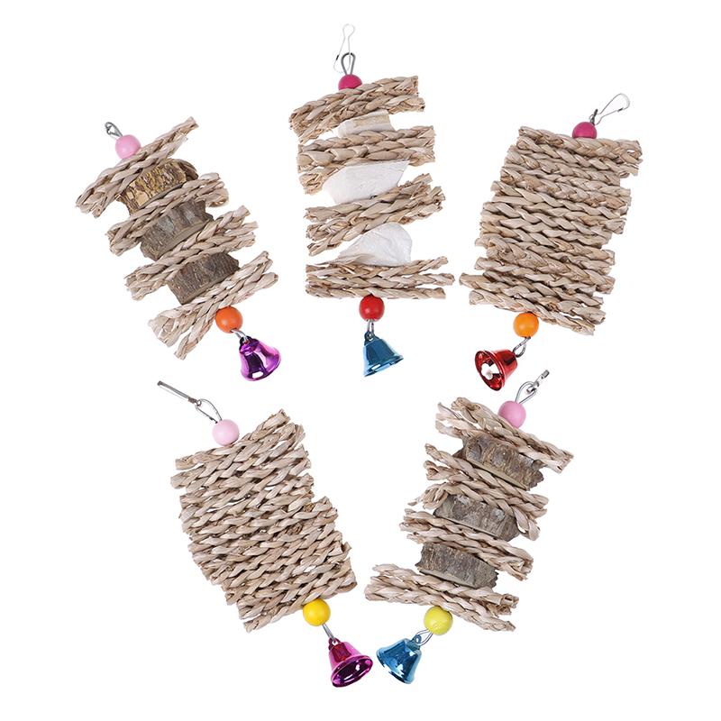 Parrot Bird Toys Natural Wooden Grass Chewing Bite Hanging Cage Bell Swing Climb