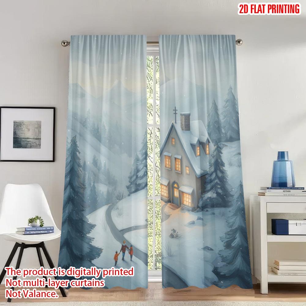 

Set Of 2 Flat Printing Christmas Curtains Cozy Winter Cabin Snowy Mountains Family Digital Printed Polyester Drapes Classic Made W100*H70(CM)-Rod Pocket&1PCS