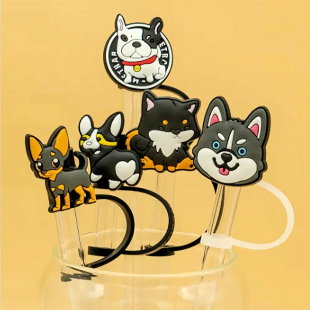 5 Stück Cartoon Hund Silikon Strohstopfen 10mm Strohspitzen Abdeckung Trinkhalm Staubkappe Partyzubehör