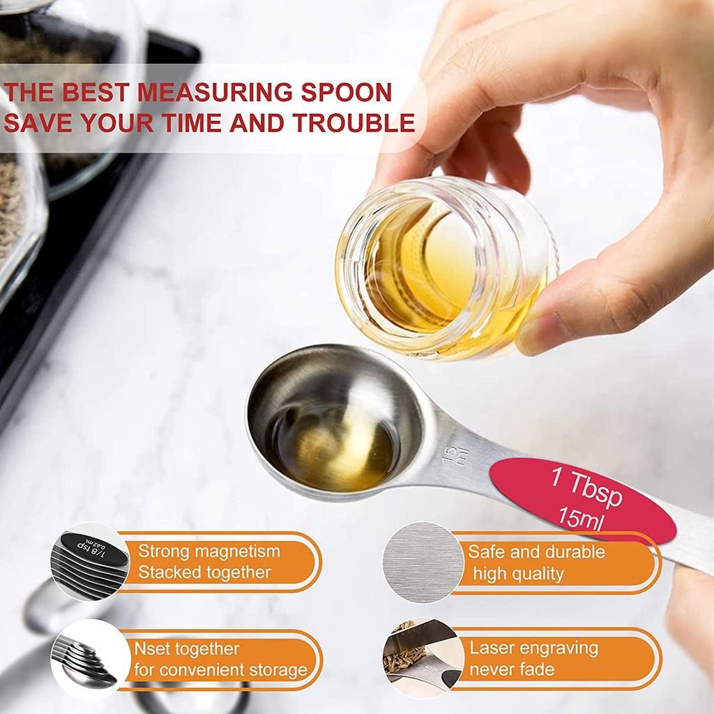9pcs Stainless Steel Magnetic Measuring Spoons - Dual Sided for Liquid and Dry Ingredients - Fits In Spice Jars - Perfect for Measuring Accurately