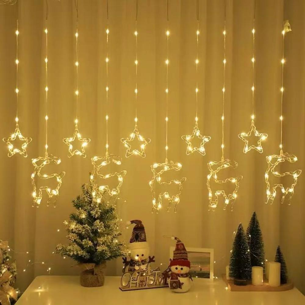 LED Star Moon Window Curtain Lights with USB Remote Control Christmas Five-Point Star Moon Snowflake String Lights