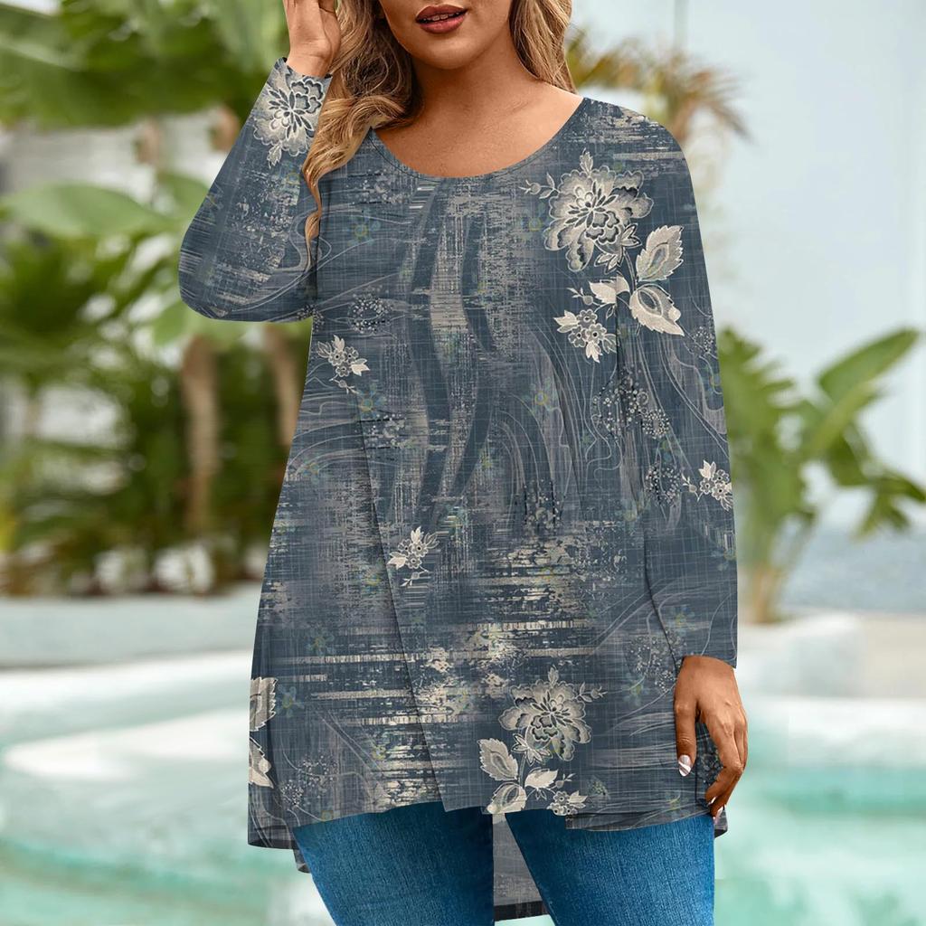 Women's Fashion Large Size Round Neck Long Sleeve Casual Print Loose Pullover Top