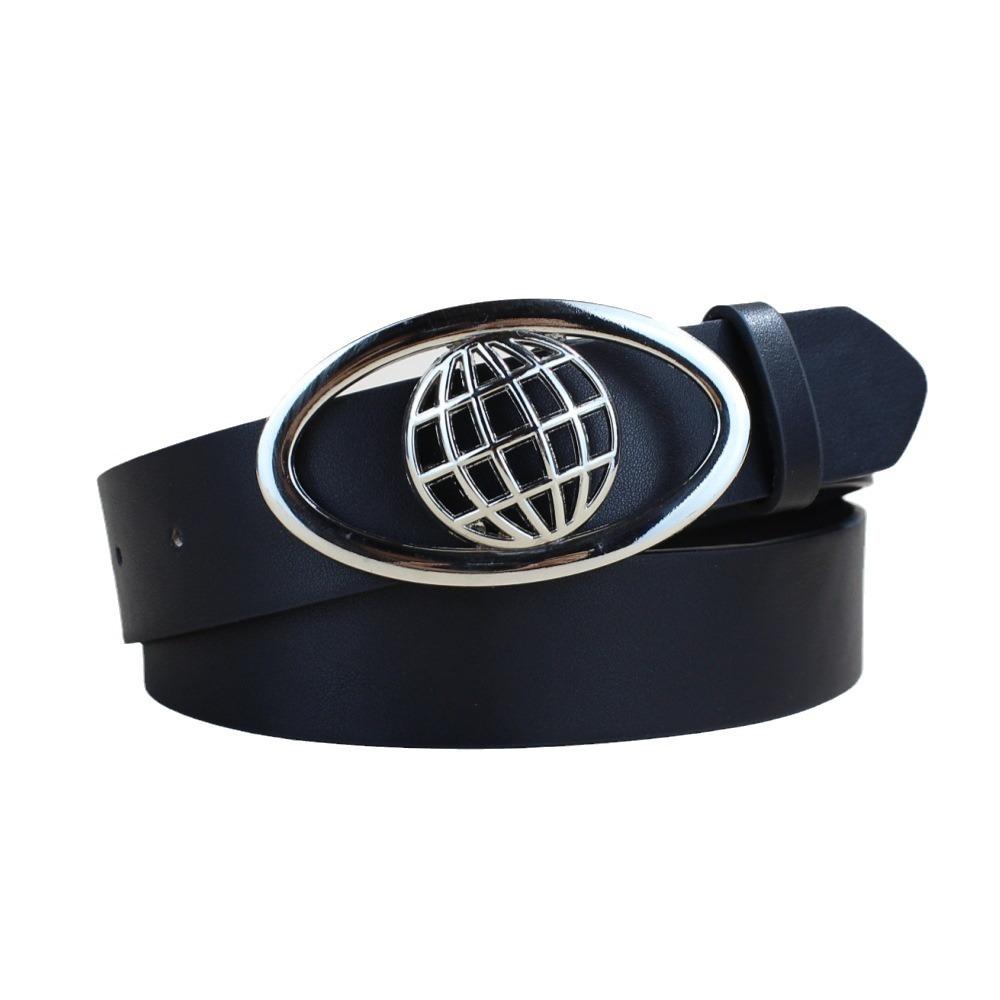 Planet Retro Black Belt Trendy Cool Oval Buckle Men'S Personality Simple Women'S Decorative Belt Niche Belt