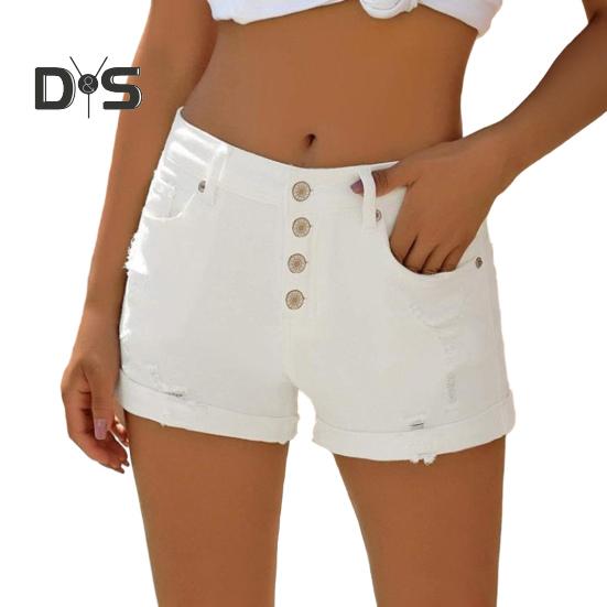 

Женские летние джинсовые шорты с рваными краями и подвернутым краем, с карманами, повседневные обрезанные шорты с высокой талией и эластичными вставками M белый