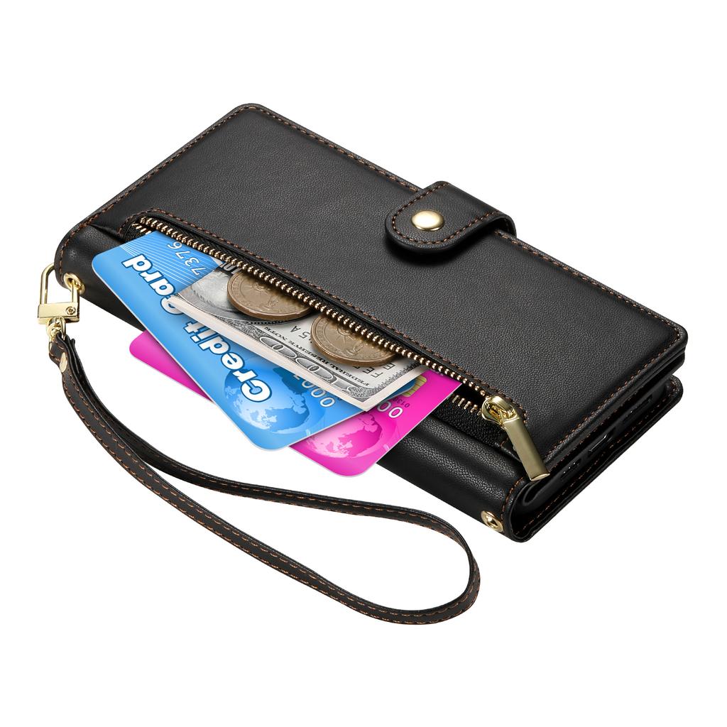 DF-011 For Realme C65 4G Case Zipper Pocket Wallet Leather Phone Cover with Straps