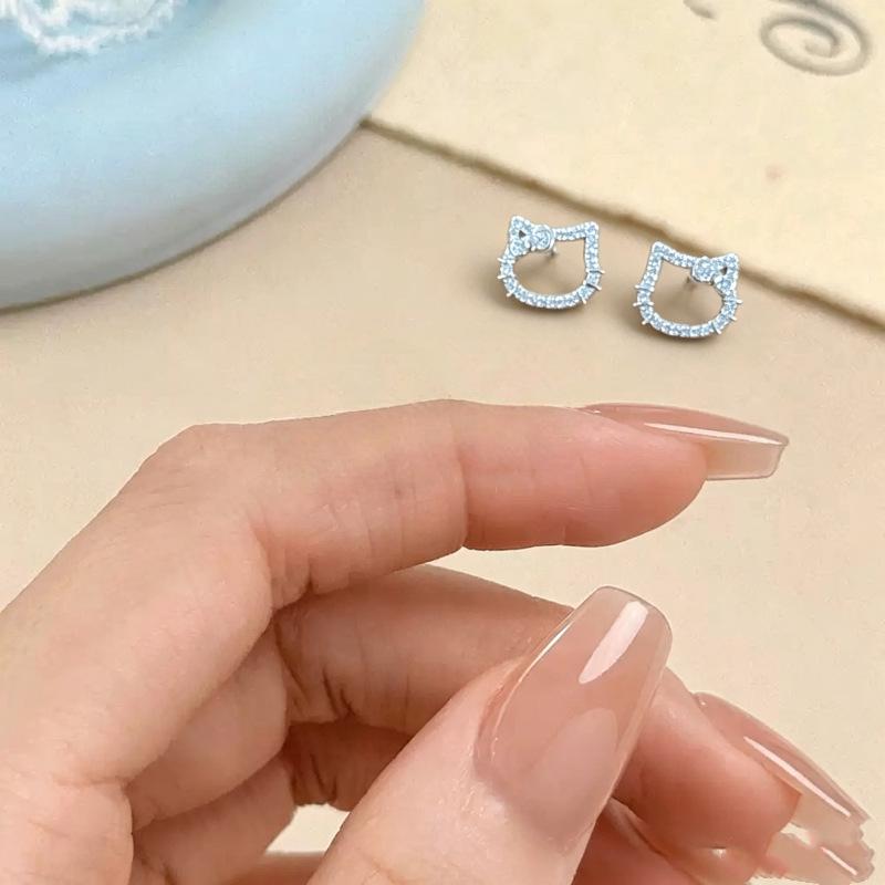 Xiao Yin Jia S999 Silver Hello Kitty Studs: Light Luxury Diamond Hollow-out KT Cartoon Design Earrings