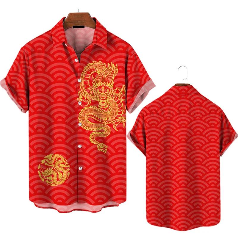 3D Dragon Printing Men's Short Sleeve Shirts Casual Fashion Lapel Buckle Men Clothing Daily Breathable Plus Size Shirts For Men