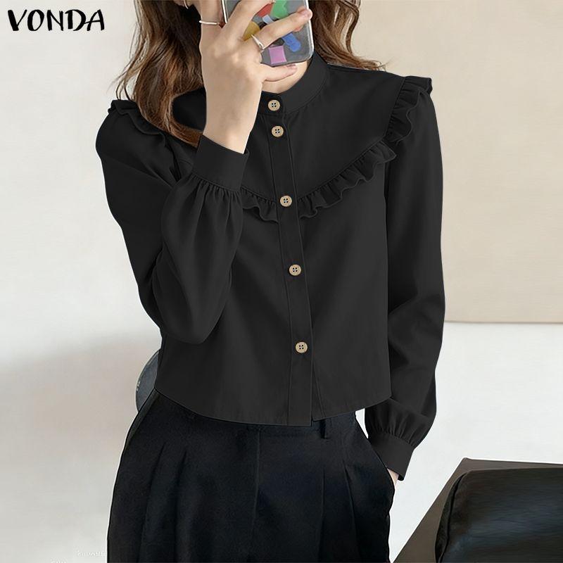 VONDA Elegant Women Long Sleeve Ruffled Plaid Blouse Shirts