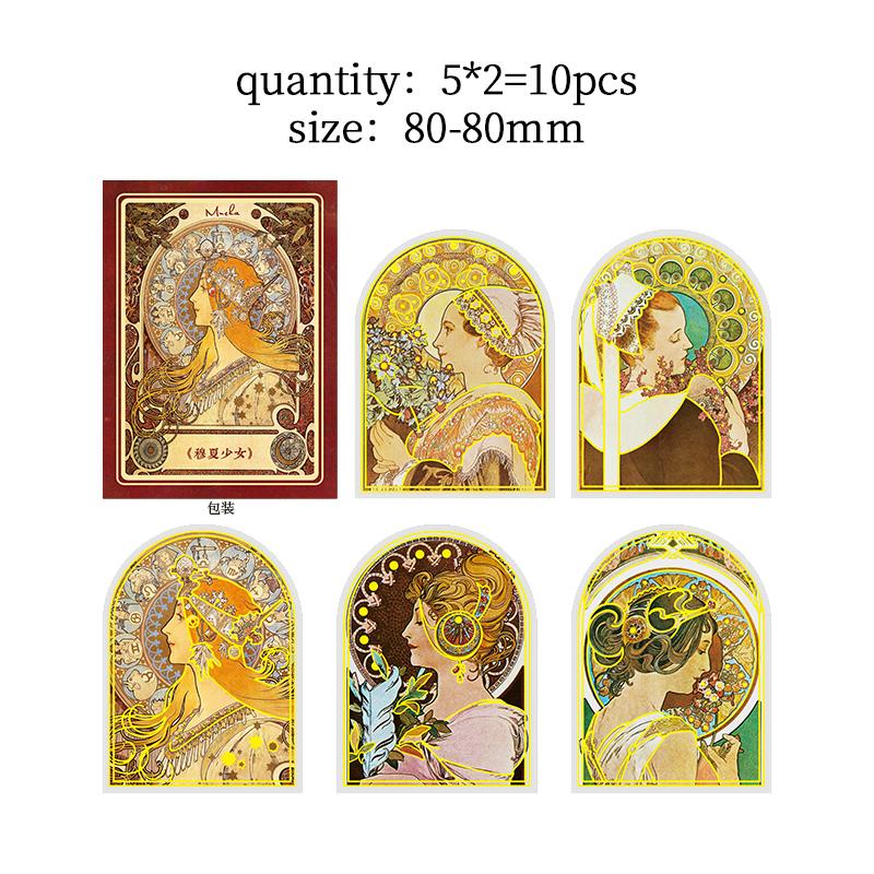 10 pcs/lot Mucha theme Stickers Diy Decorative Scrapbooking Diary Stick Labels Album hand made Collage material
