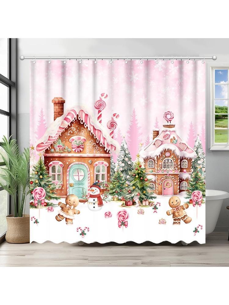 Christmas Pink Gingerbread House Shower Curtain Pink Candy House Home Bathroom Decorations Snowy Winter Christmas Trees 90x180CM