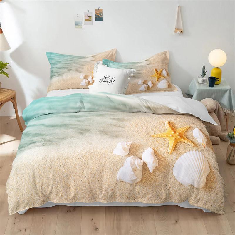 Beach Theme Duvet Cover Set Blue Ocean Bedding Set King Queen For Kids Girls Microfiber Seashell Starfish Print Comforter Cover
