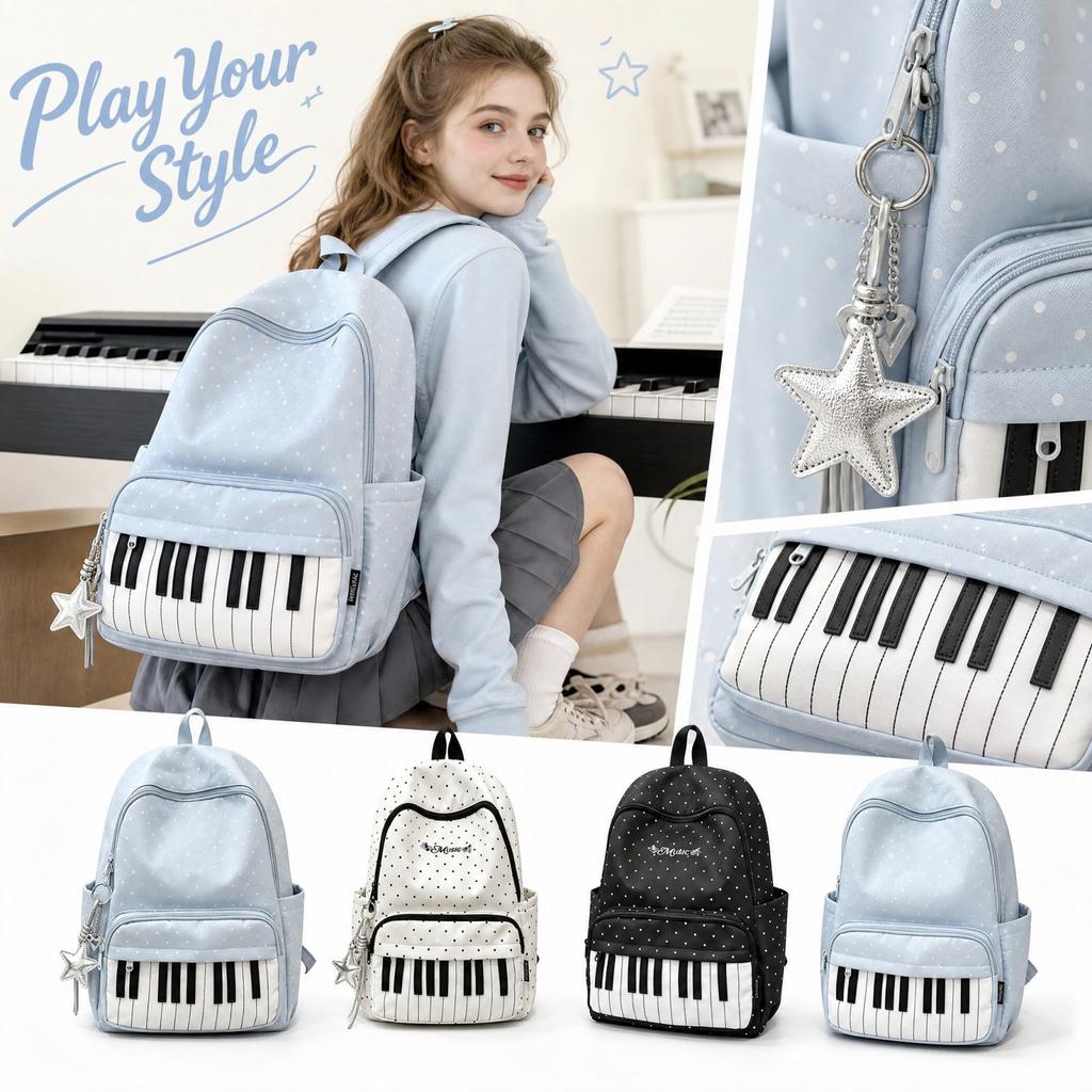 Piano Pattern Backpack for Teen Girls High School Students Cute Versatile Campus Travel Bookbag