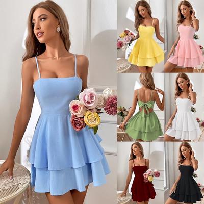 Ευρωπαϊκό & Αμερικανικό Φόρεμα Μίνι με Τιράντες, Σέξι Ανοιχτή Πλάτη και Φιόγκο για την Άνοιξη/Καλοκαίρι 2024