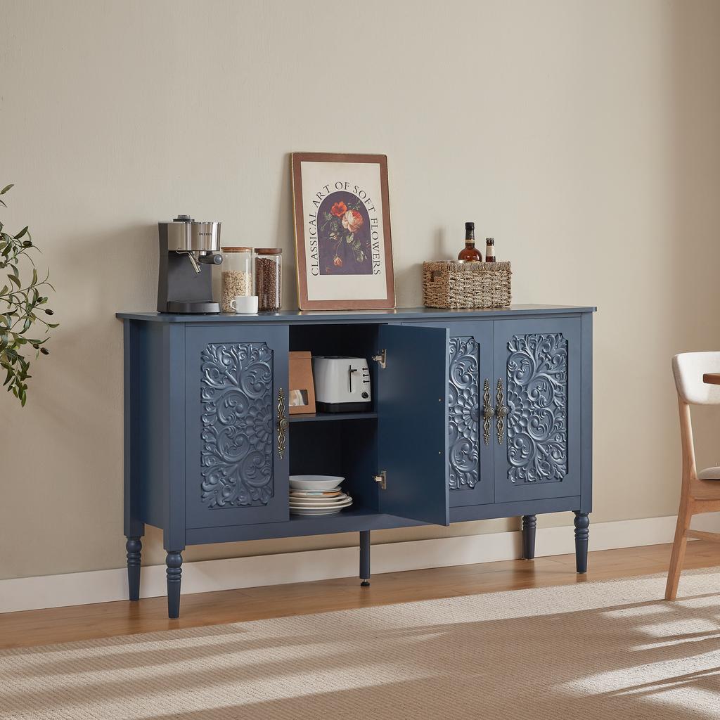 Sideboard with Antique Relief Carvings, Storage Space and Rounded Corners – Storage Cabinet for Dining Room, Living Room and Hallway (Navy Blue)