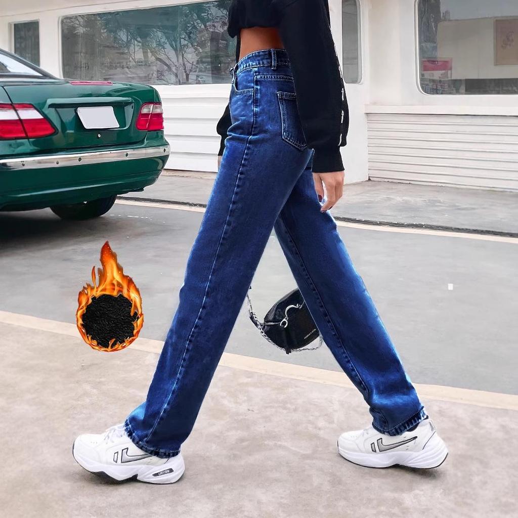 Women's Fleece-Lined Slimming Straight-Leg Denim Pants - European & American Style, Trendy INS.