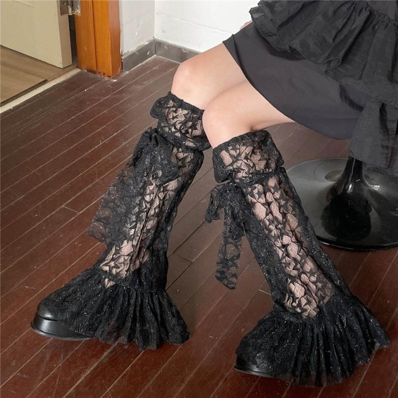 Womens Knee High Leg Warmer Socks Sweet Lace Ankle High Bandage Leg Sleeve Boot Long Tube Lace Leg Sleeve Calf Covers