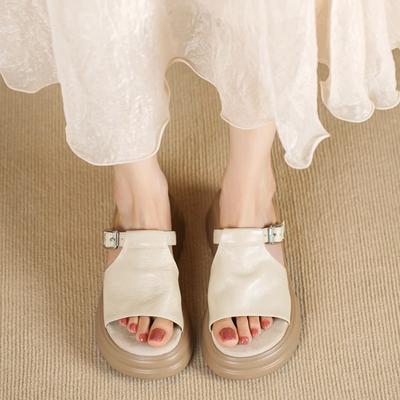 Huge Comfortable Platform Slippers, Women's Open-toed One-word Flat Shoes Wear Retro Belt Buckle Cool Slippers Xiaohongshu Explosion