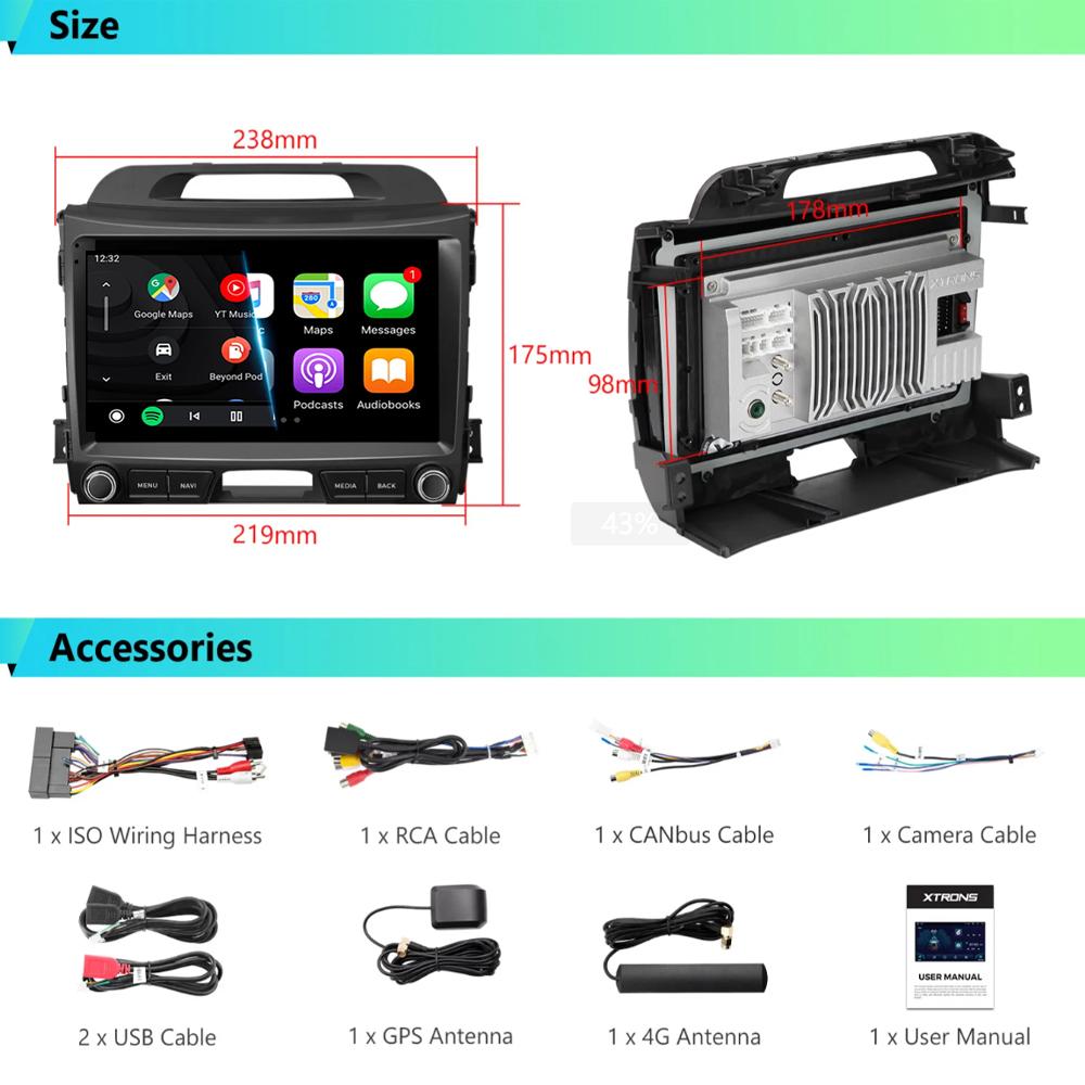 Android 14 For KIA Sportage 3 2010 - 2016 Car Multimedia Player GPS Navigation 9Inch QLED TouchScreen Wireless Carplay WIFI 4G
