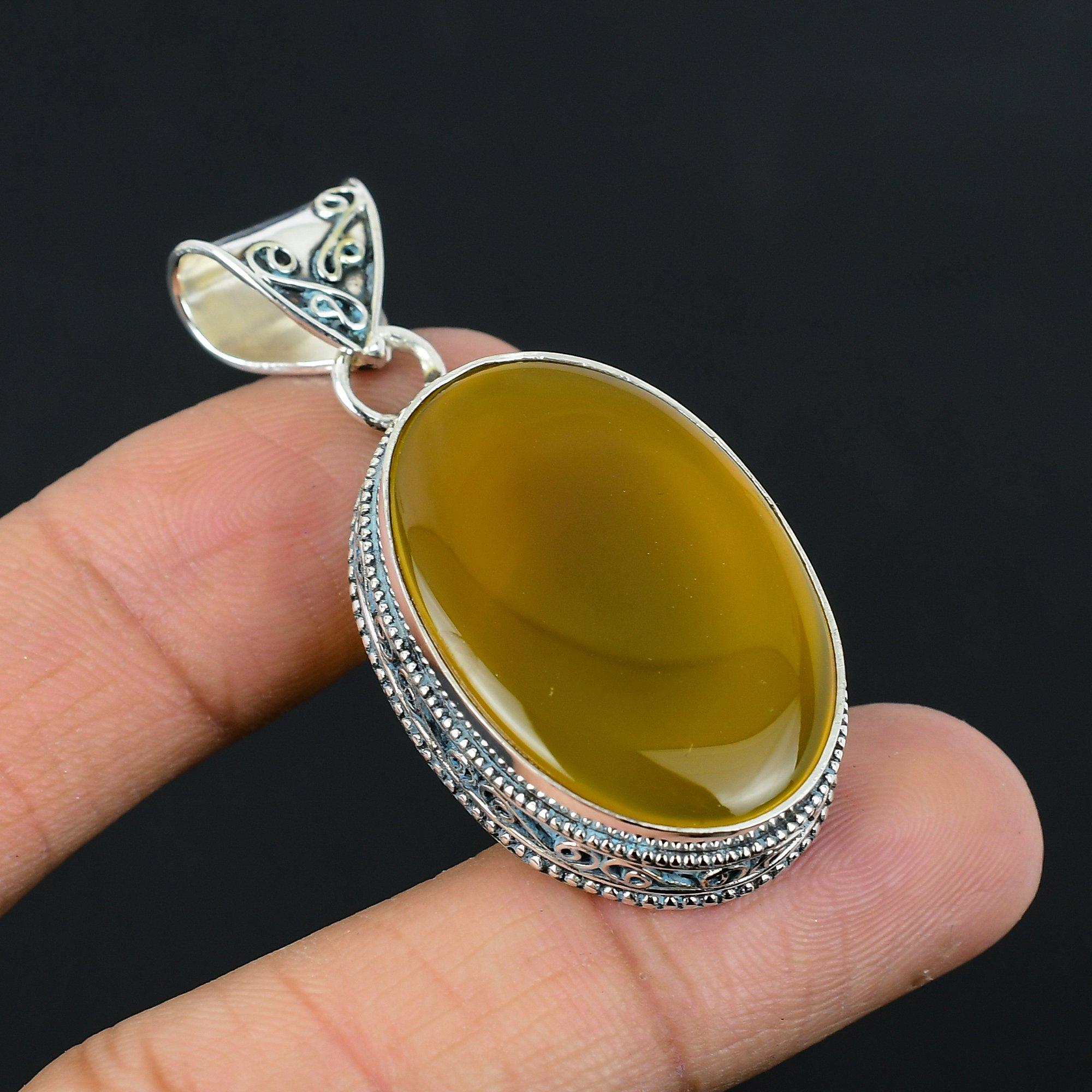Daughters Day Deal Sterling Silver Yellow Onyx Stone Handmade Pendant Jewelry