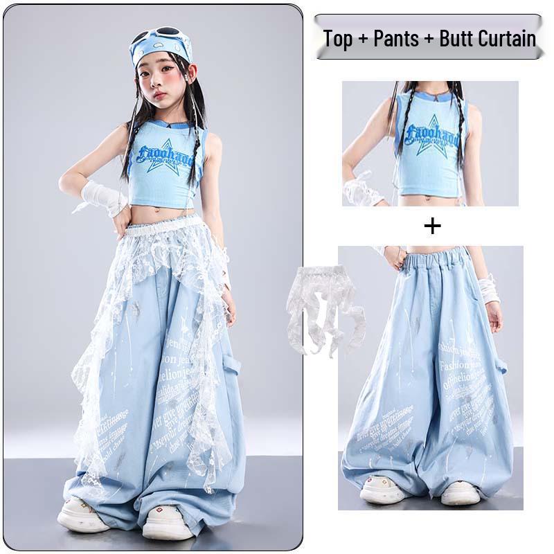 Trendy Blue Jazz Dance Costumes for Girls - Fashionable Performance Outfits for Children's Fashion Shows