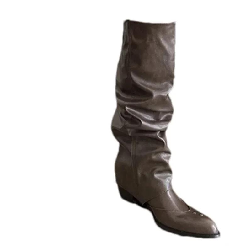 Fashion Women Pointed Toe Chelsea Boots Knee High Mid Heels Chunky Pleated Shoes Designer New Motorcycle Boots Pumps Sexy Mujer Zapatos