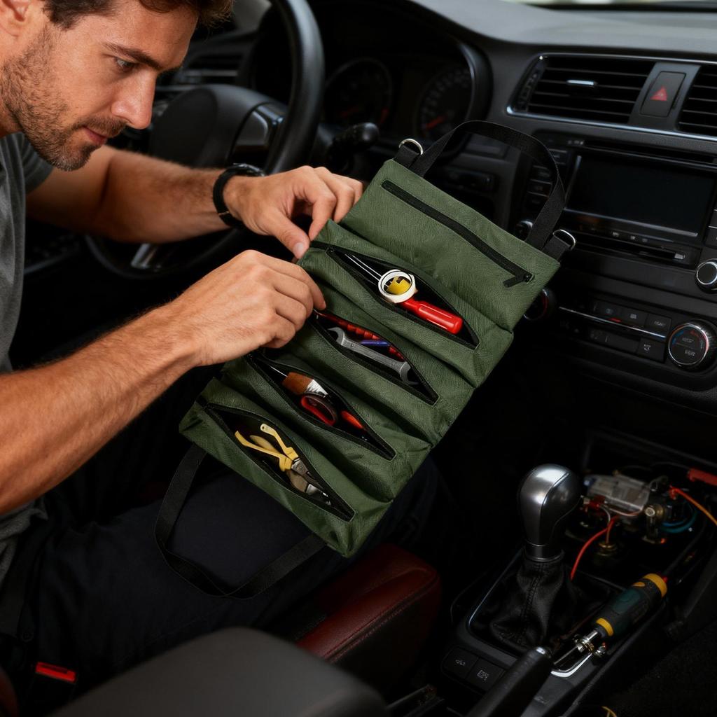 Tool Roll Bag Foldable Organization with 5 Zippered Pockets Tool Organizer Pouch for Electrician Plumbing Repair Maintenance