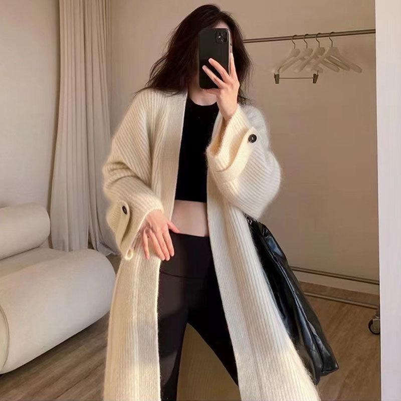 Eleganter Retro Damen Midilanger Warmer Strick-Cardigan, Allround Lockere Strickjacke für Herbst- und Winter-Pendler