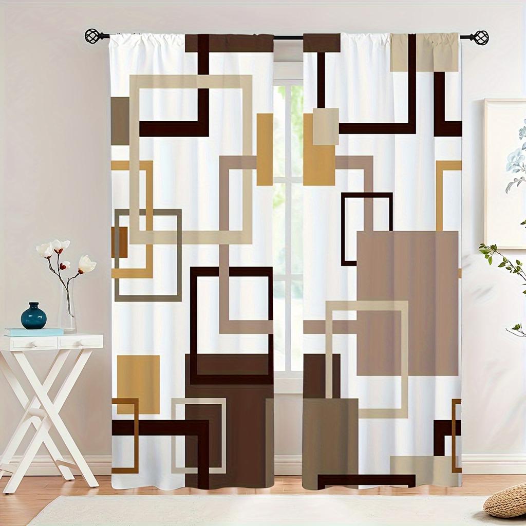 2pcs Polyester Geometric Abstract Square Line Print Curtains   Rod Pocket Window Treatment for Bedroom   Office   Kitchen   Living