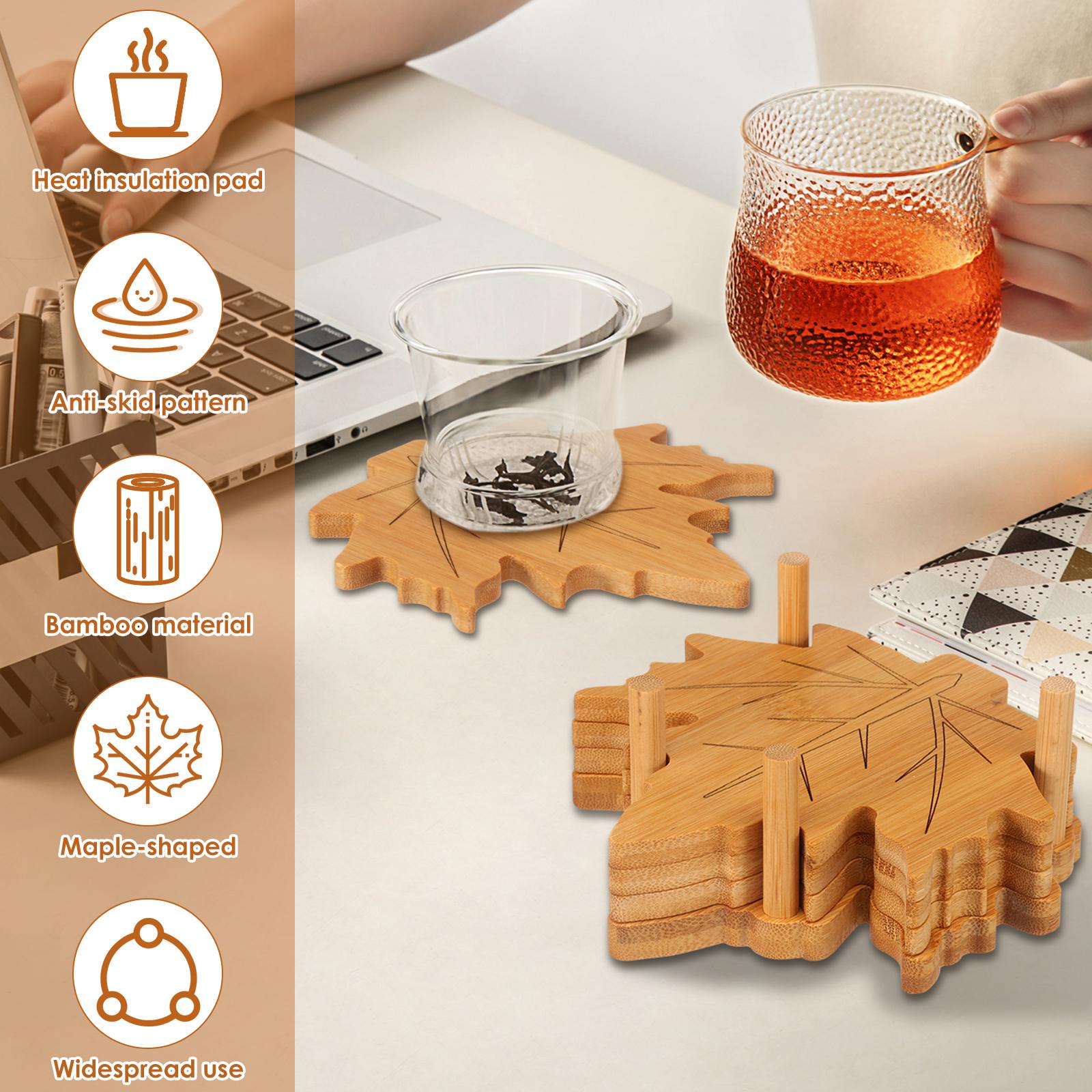 6Pcs Bamboo Maple Leaf Style Cup Pad Heat Resistant Kettle Tea Coaster with Base Exquisite Dining Table Decoration for Kitchen