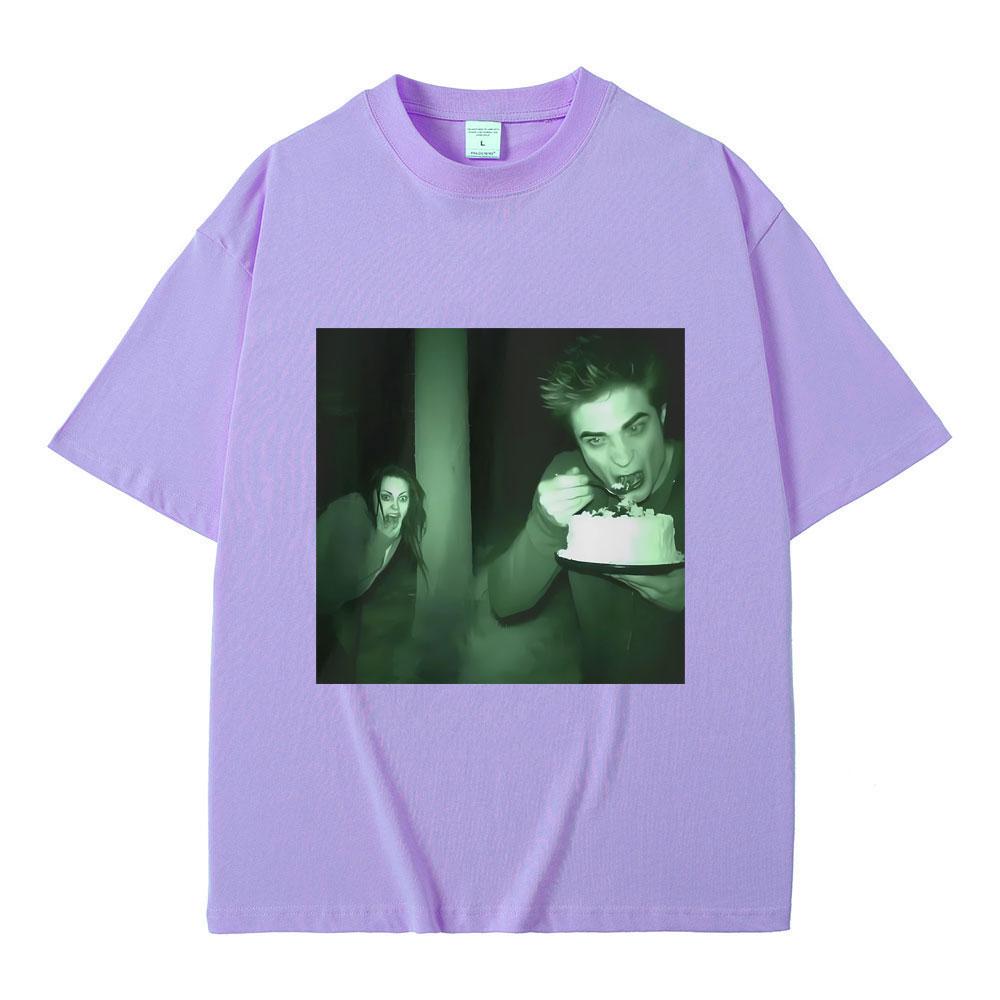Funny Twilight Edward and Bella Trail Cam Rating Cake Print T-shirts Robert Pattinson Meme Tshirt Men Fashion Oversized T Shirts