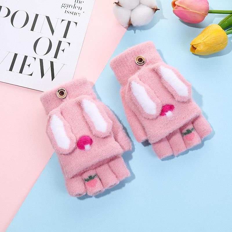 Winter Children's Knitted Finger Gloves for Boys and Girls, Warm and Piled Thickened Cartoon Half-finger Flip-top Writing Gloves