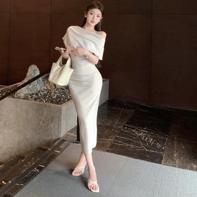 Off-shoulder Sexy Waist-cinching Pleated Dress, Women's Wear, Summer French Cocktail Dress, Long Dress, One-piece Dress