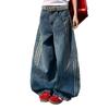 Plus Size Retro Washed Deconstructed Scimitar Three-Stripe Patchwork Wide-Leg Jeans