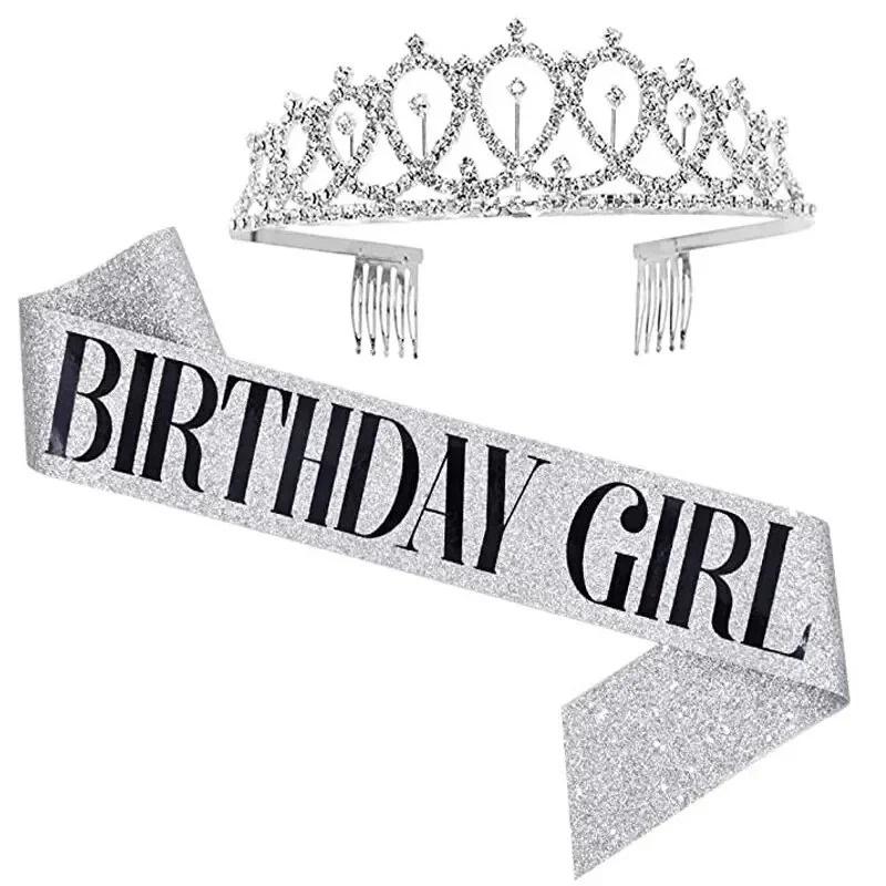 Birthday Queen Sash & Rhinestone Tiara Set for Women Rhinestone Queen Tiara for Girl Glitter Crystal Hair Accessories