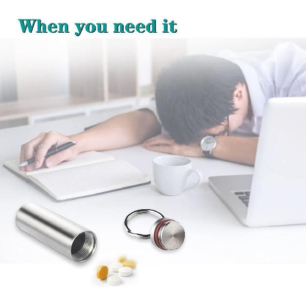 Pill Holder Keychain,Portable Waterproof Single Chamber Stainless Steel Pill Container,Small Pill Box Case for Outdoor Travel Camping - 2 Pack