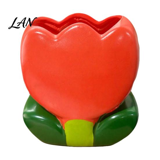 Desktop Storage for Eyebrow Pencils Tulip Makeup Brush Holder, Resin Cosmetic Organizer Vanity Desk, Cute Flower Pen Decorative Bud Container