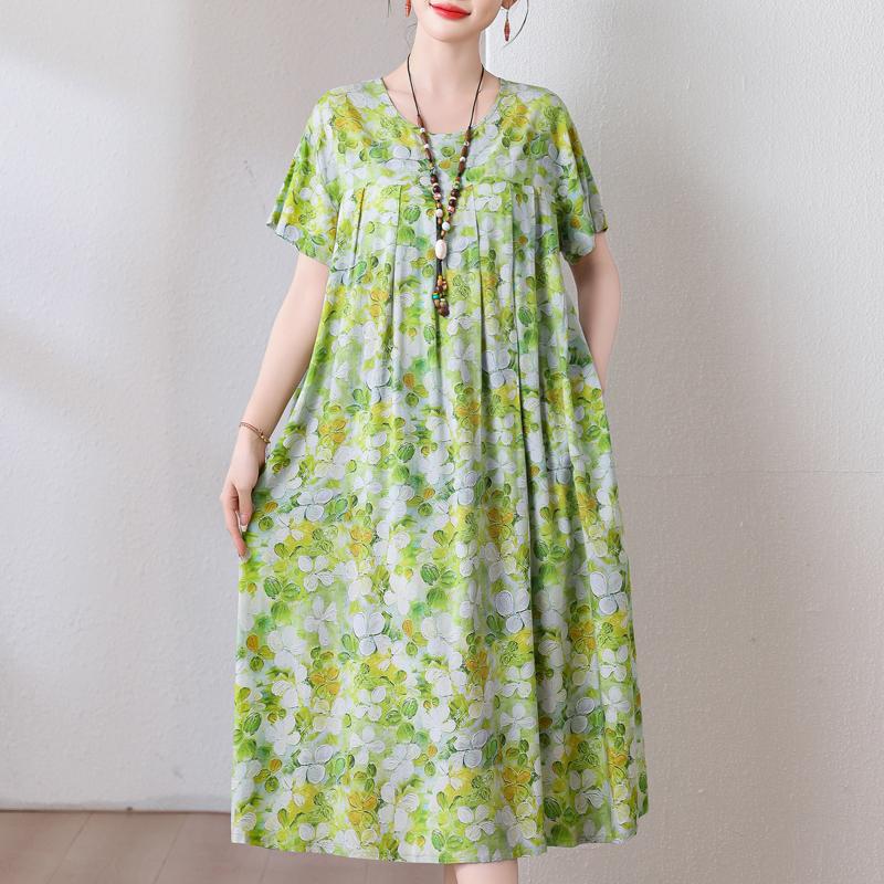 Plus Size Loose Vintage Print Langes Kleid für Damen Lässige Kurzarm-Sommer-Damenkleider
