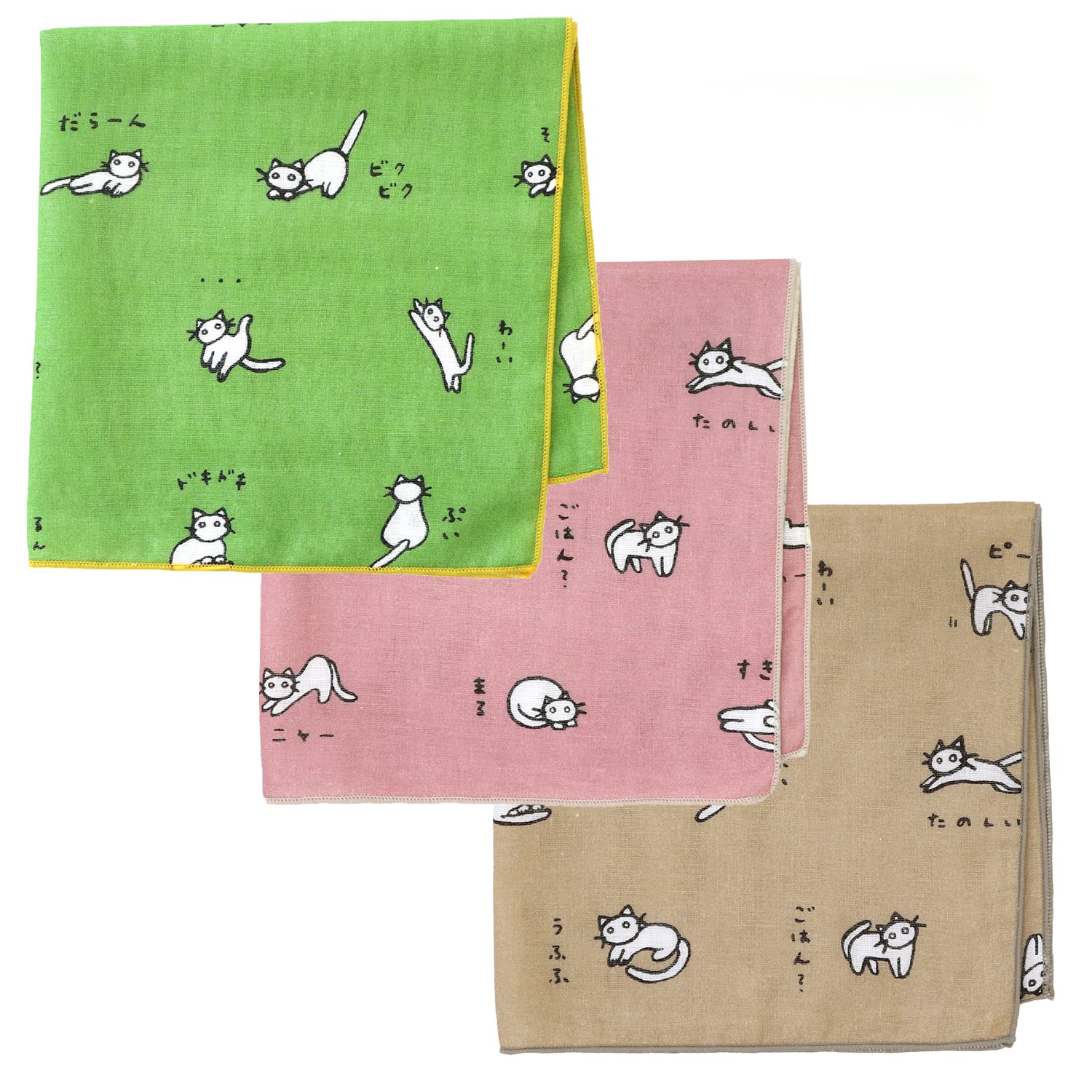 

KOMESICHI COLLECTION Gauze Set of Cat Red and Made in Iroha Mameo Series Handkerchiefs, 3, Designs, Matcha, Bean, Hojicha, Japan, 100% Cotton,