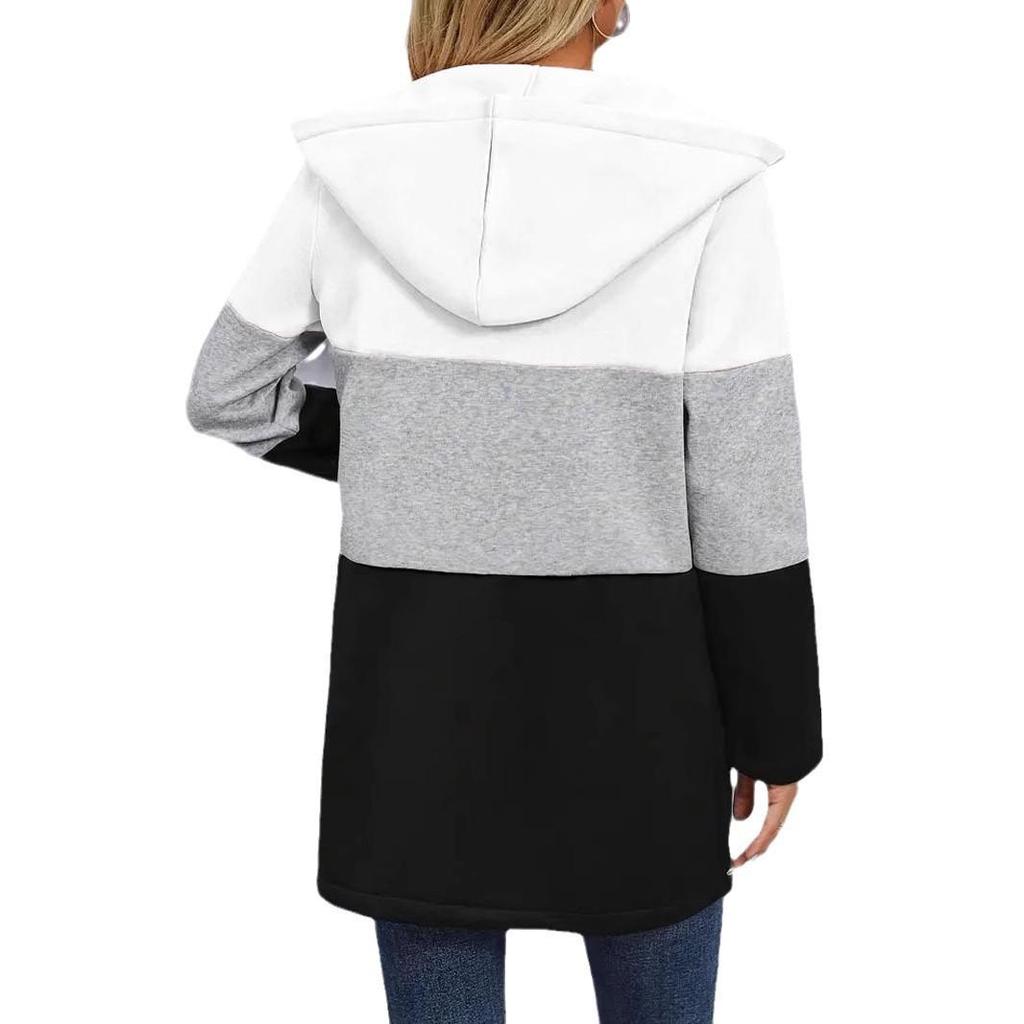 European-American Autumn/Winter Women's Loose Color Block Hooded Jacket