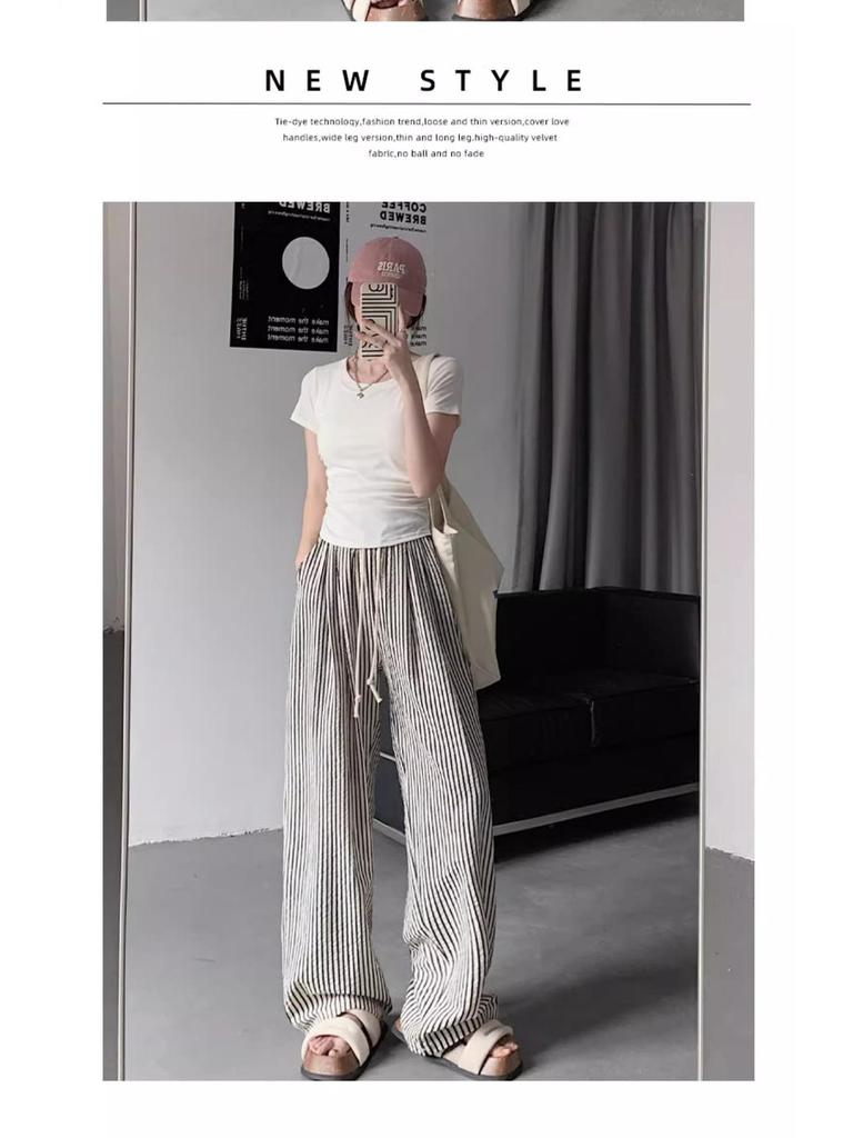 Women's High-Waisted Striped Wide-Leg Summer Pants - Petite, Loose, Slimming, Casual, Drapey.