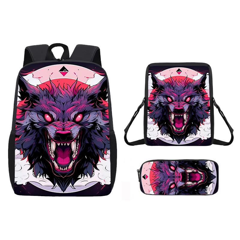Pattern Animal Wolf Backpack Kids Shoulder Bag Pencil Case Student Use School
