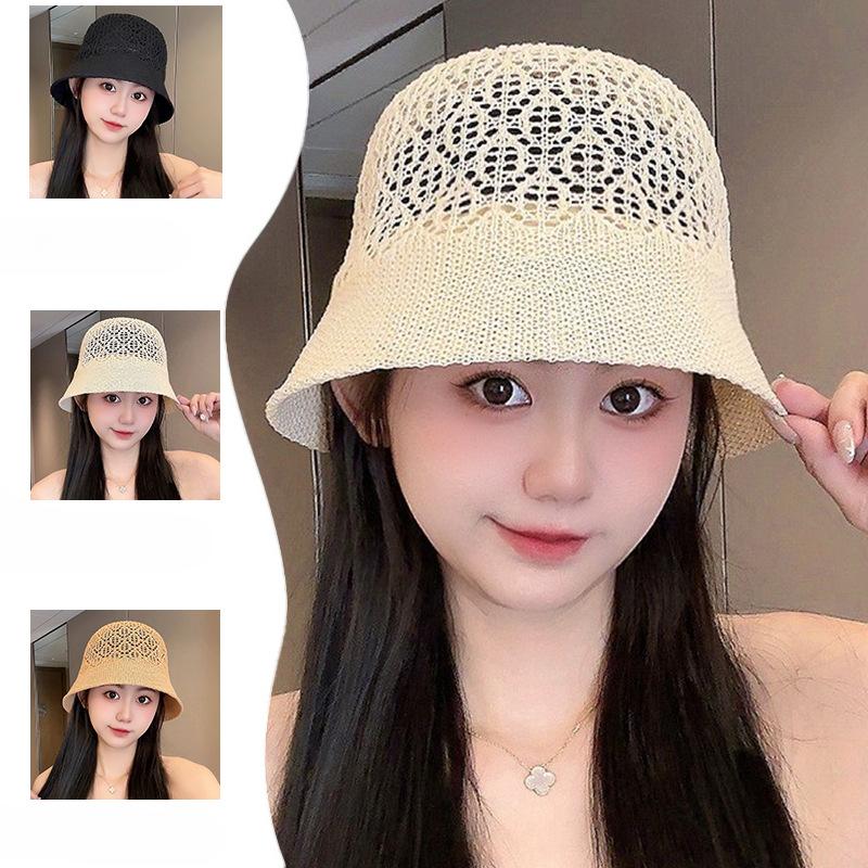 Striped Straw Woven Hollow Fisherman Hat for Women Korean Style Wide Brim Cover Face Sun Protection Hat for Spring and Summer Travel UV Bucket Hat