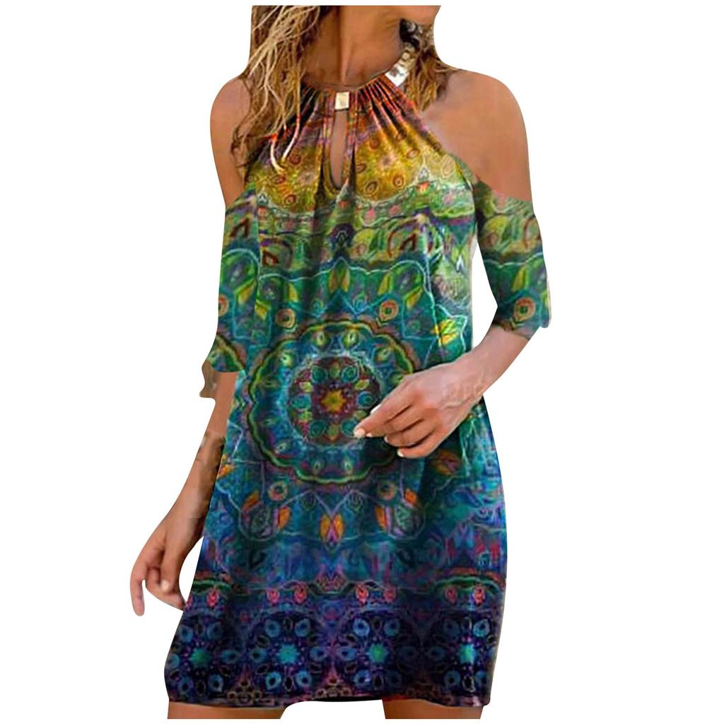 Fashion Women's Summer Casual Metal Hanging Neck Printed Strapless Dress